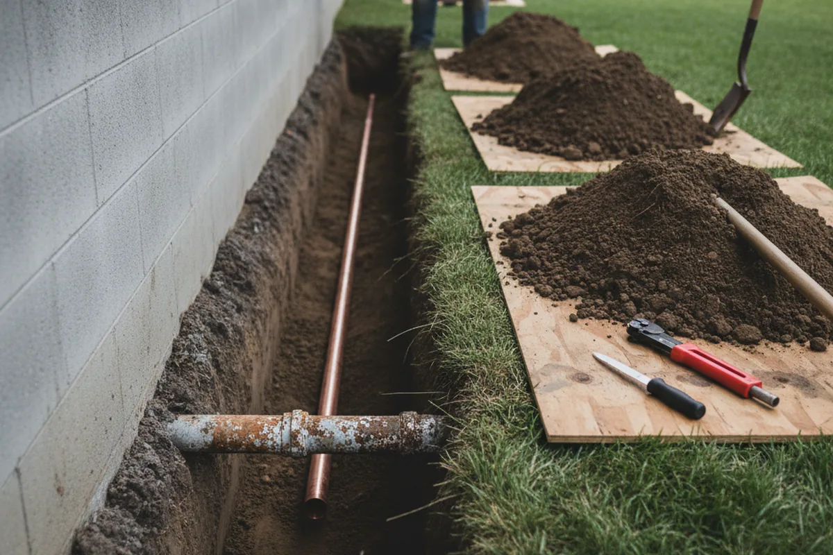 Excavated water line trench during Sewer Line Repair in Gandeeville